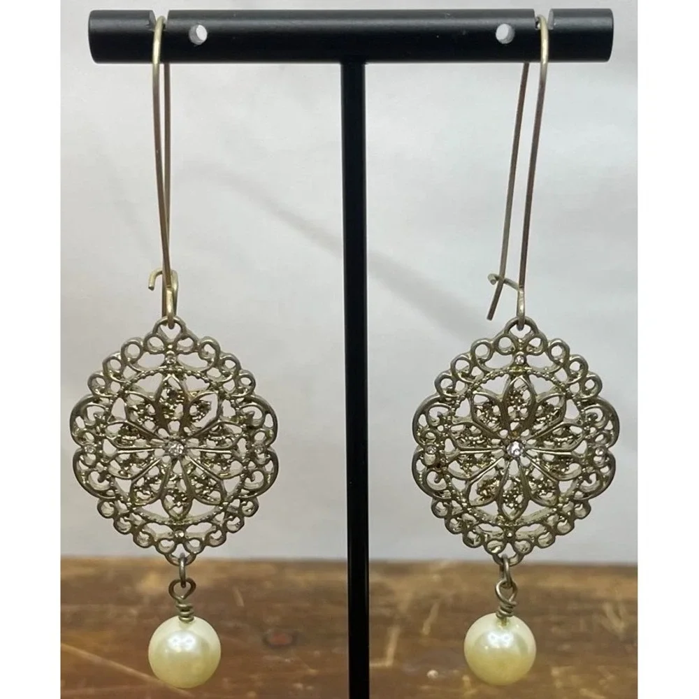 Gold Filigree Pearl‎ Drop Earrings Boho Vintage Dangle Moroccan Chandelier